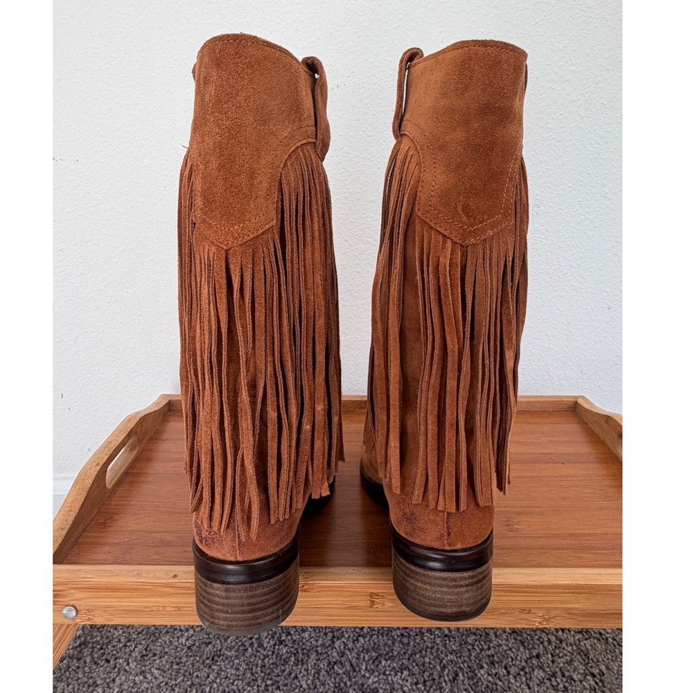 Lucky Brand Brown Suede Fringe Western Boots Womens 8M Cognac Boho Pull On - Picture 7 of 16